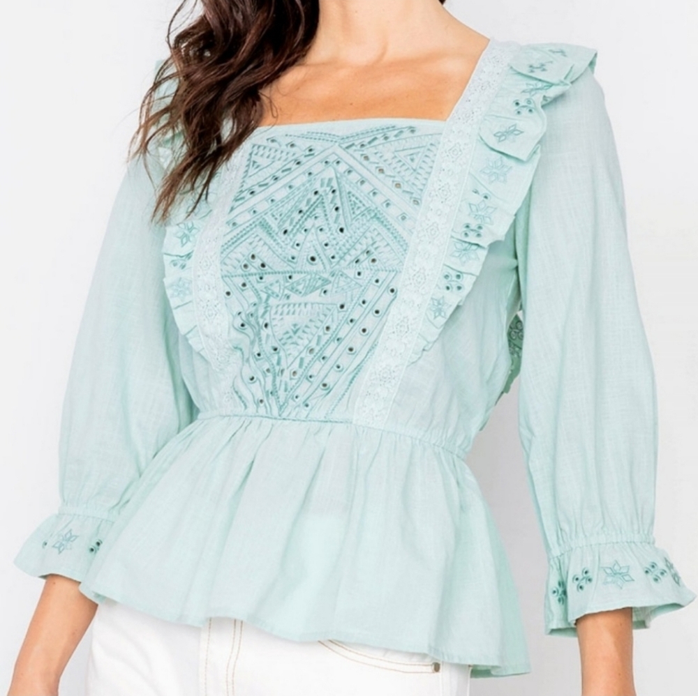 Mint Eyelet embroidered ruffle peplum top - Picture 1 of 6